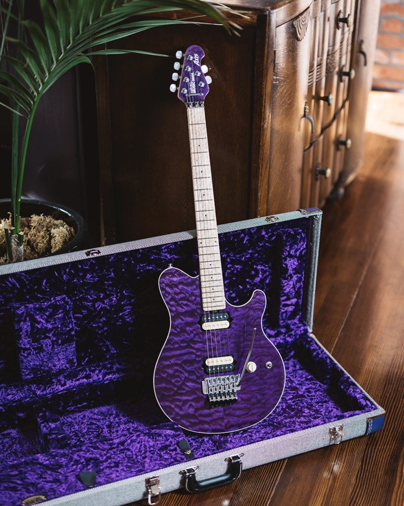 Ernie Ball Music Man Axis Guitar BFR Nitro Translucent Purple July 2023 DuBaldo Music Center